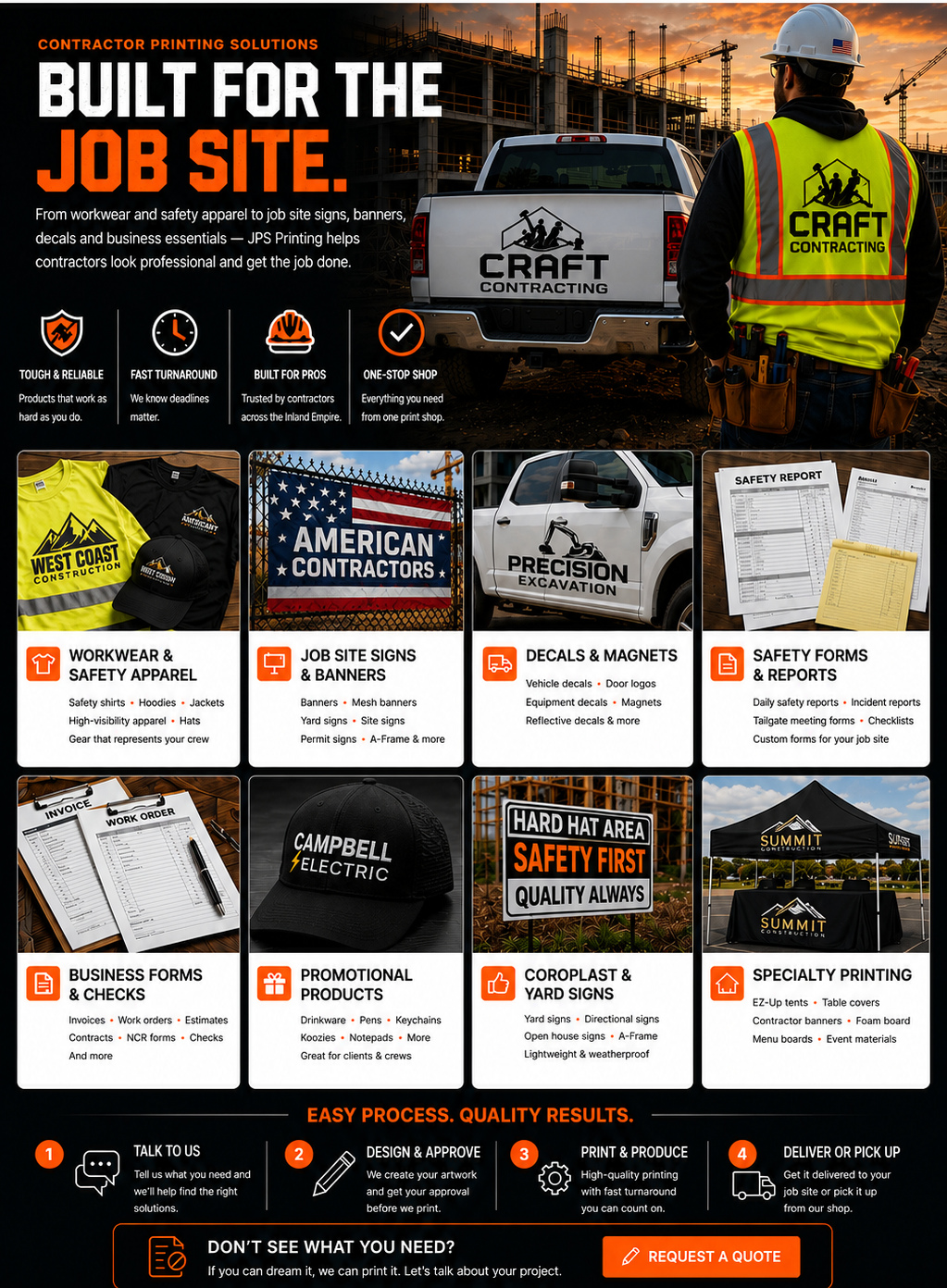 JPS Printing contractor printing solutions including workwear, signs, decals, safety forms, business forms, promotional products, yard signs and specialty printing