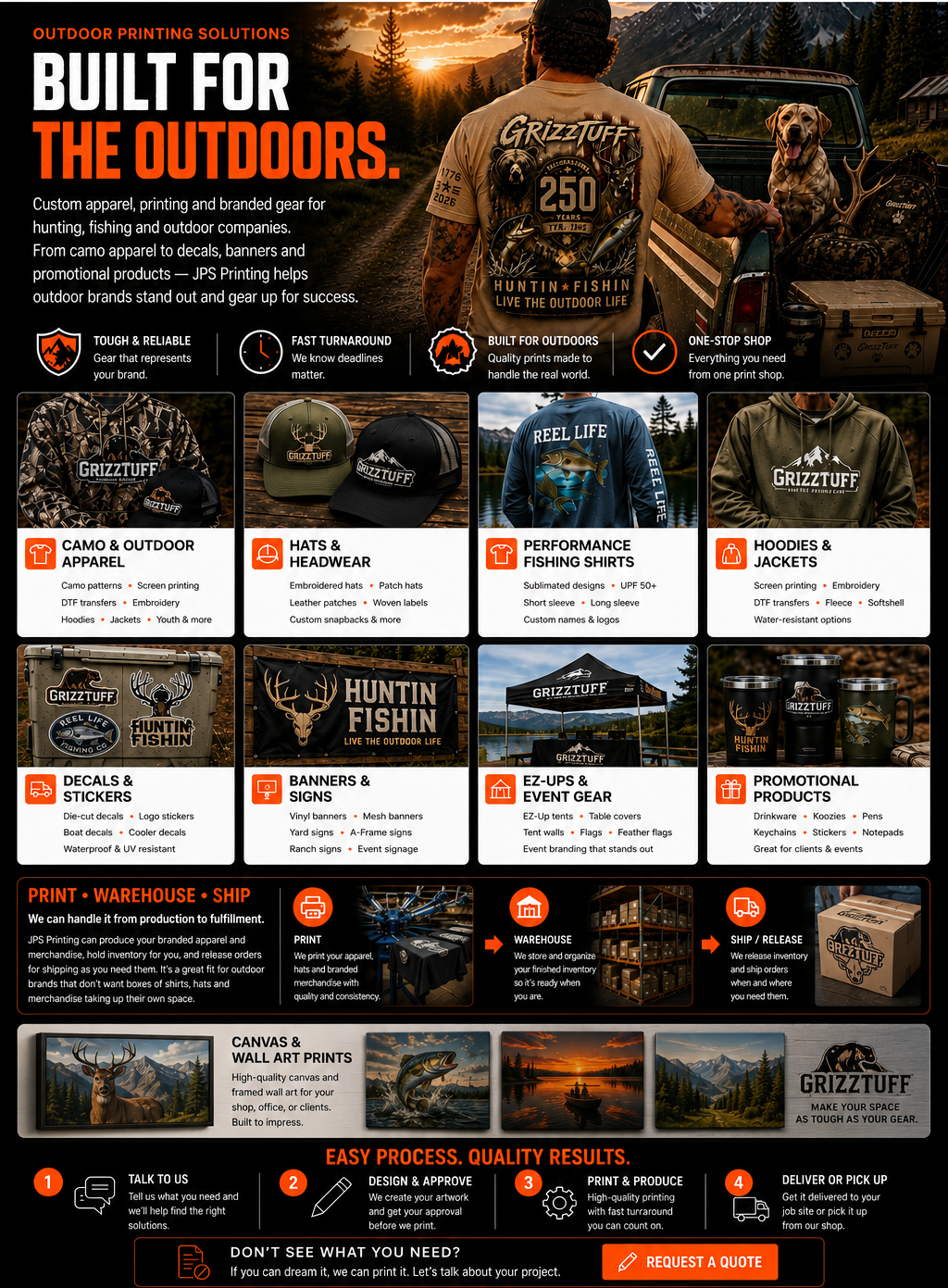 JPS Printing outdoor and recreation printing solutions including camo apparel, hats, fishing shirts, hoodies, decals, banners, EZ-Ups, promotional products, warehousing, shipping, canvas and wall art prints